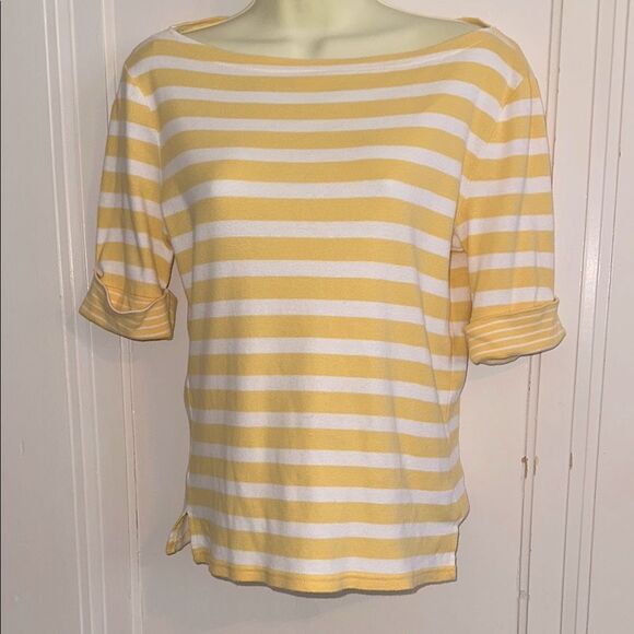 Ralph Lauren Yellow & White Horizontal Striped Cuffed 
Short Sleeve Knit Top - Picture 1 of 8